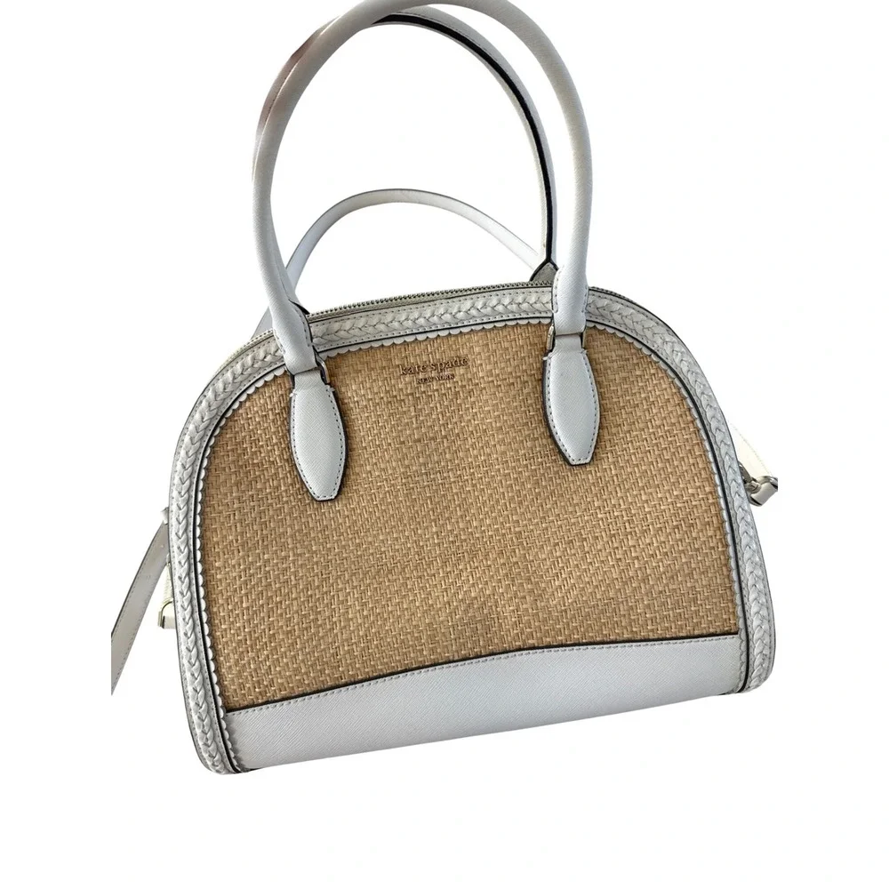 Kate Spade Reiley Straw Dome Crossbody Bag Purse Satchel White Leather